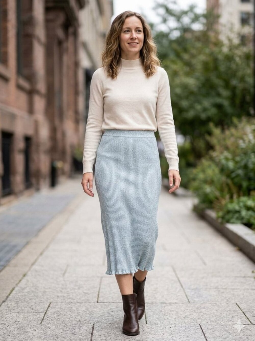 Theory Mouline Ribbed Knit Midi Skirt Eggshell Ice Blue Size Medium EUC